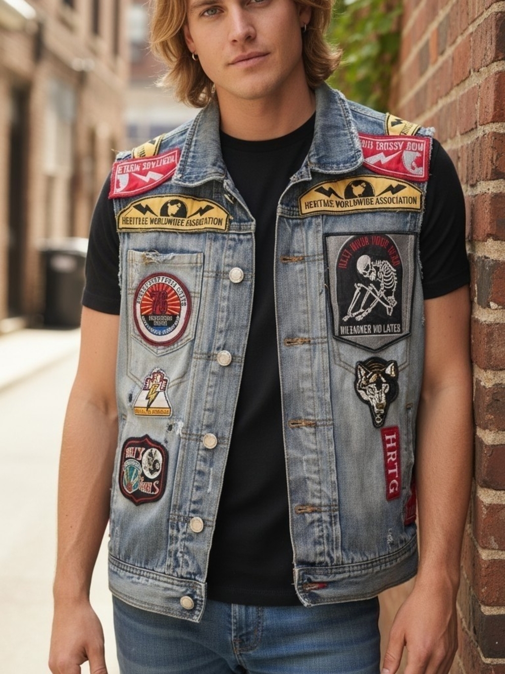 Authentic American Heritage Light Blue Denim Vest with Multi-Color Patches
